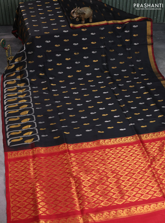 Pure uppada silk saree black and maroon with silver & gold zari woven buttas and rich zari border