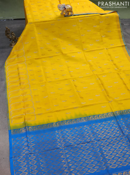 Pure uppada silk saree yellow and cs blue with silver & gold zari woven buttas and rich zari border