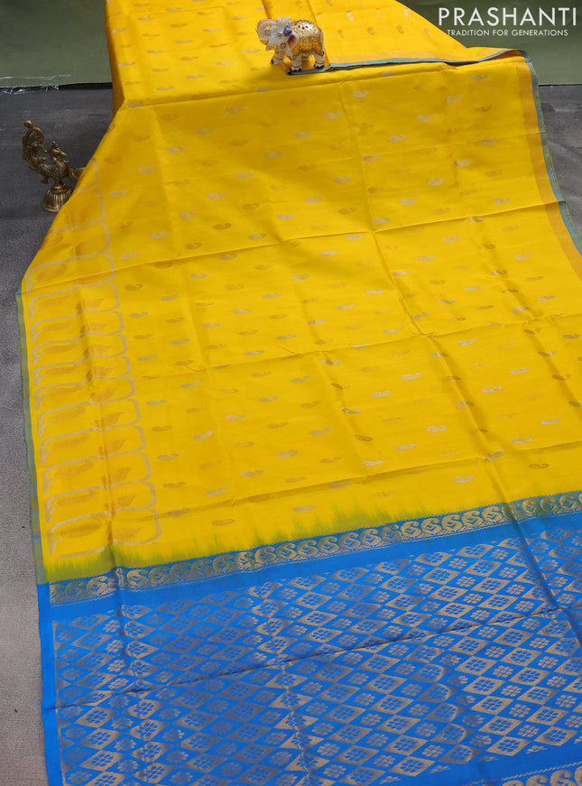 Pure uppada silk saree yellow and cs blue with silver & gold zari woven buttas and rich zari border