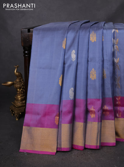 Pure uppada silk saree grey shade and pink with allover silver & gold zari weaves and zari woven border