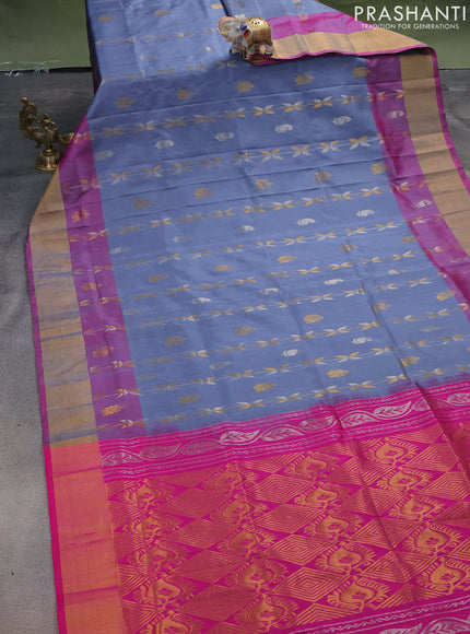 Pure uppada silk saree grey shade and pink with allover silver & gold zari weaves and zari woven border