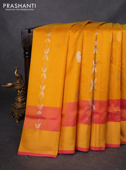 Pure uppada silk saree mustard yellow and pink with allover silver & gold zari weaves and zari woven border