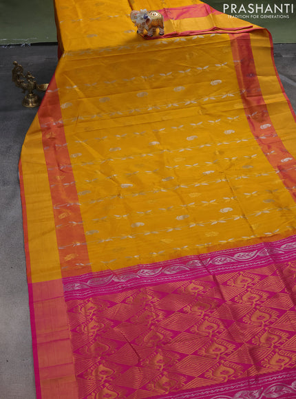 Pure uppada silk saree mustard yellow and pink with allover silver & gold zari weaves and zari woven border
