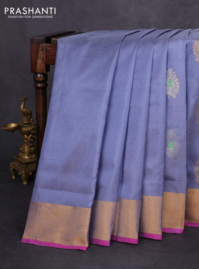 Pure uppada silk saree bluish grey and pink with silver & gold zari woven buttas and zari woven border