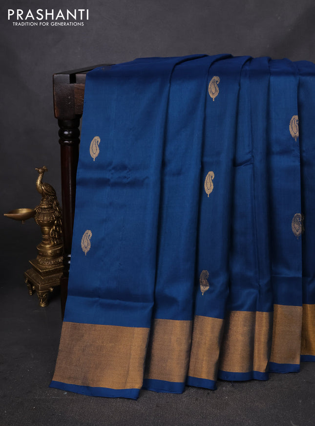 Pure uppada silk saree peacock blue with zari woven paisley buttas and zari woven border