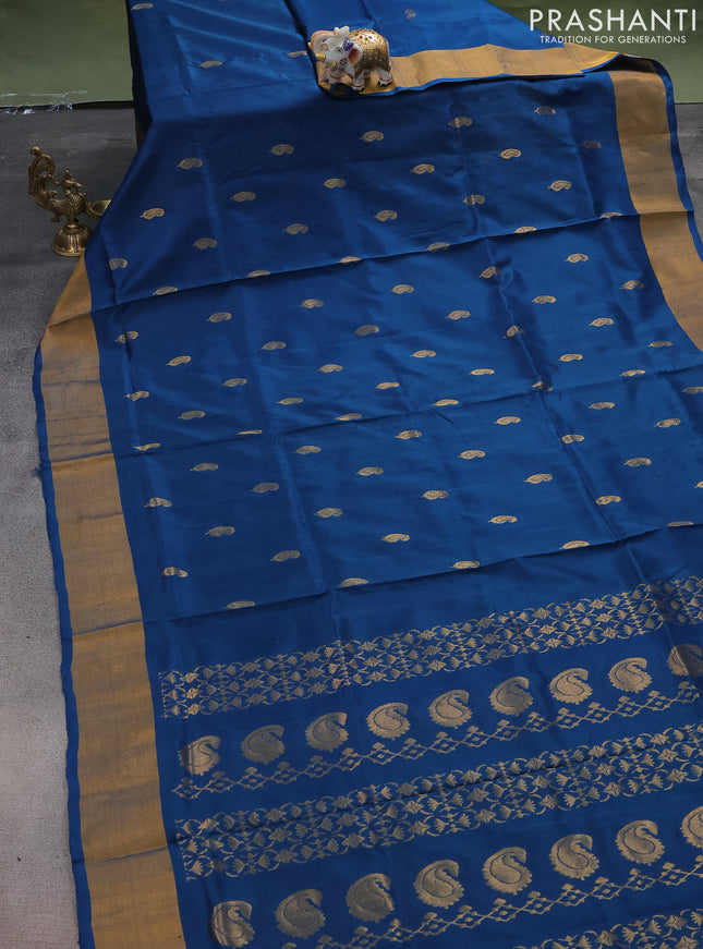 Pure uppada silk saree peacock blue with zari woven paisley buttas and zari woven border