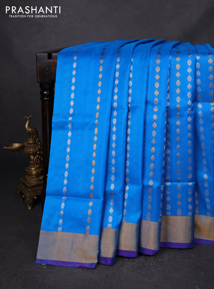 Pure uppada silk saree cs blue and blue with silver & gold zari woven buttas and zari woven border