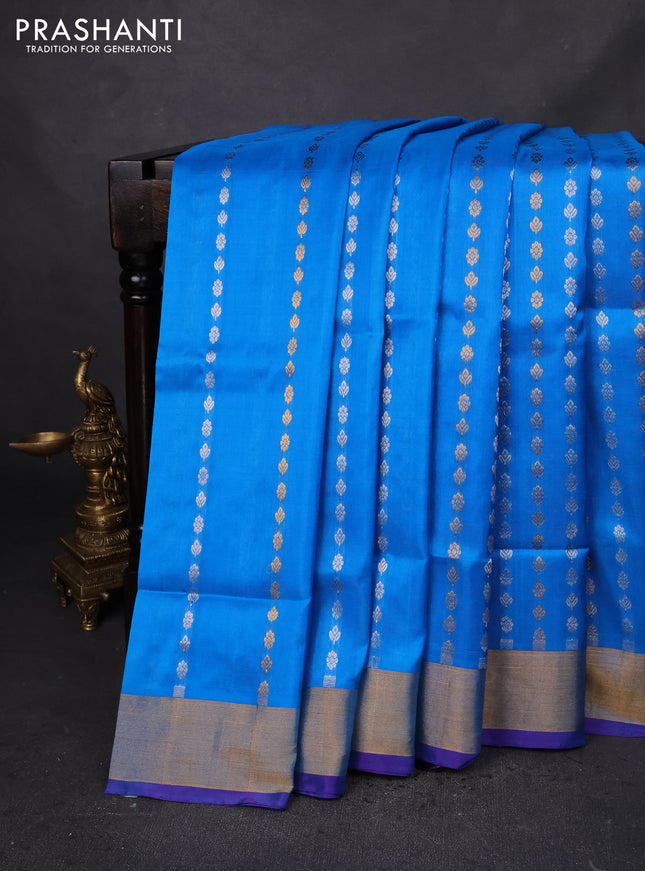 Pure uppada silk saree cs blue and blue with silver & gold zari woven buttas and zari woven border