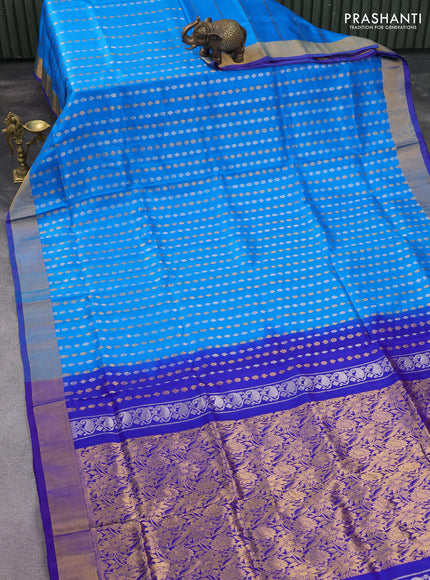 Pure uppada silk saree cs blue and blue with silver & gold zari woven buttas and zari woven border