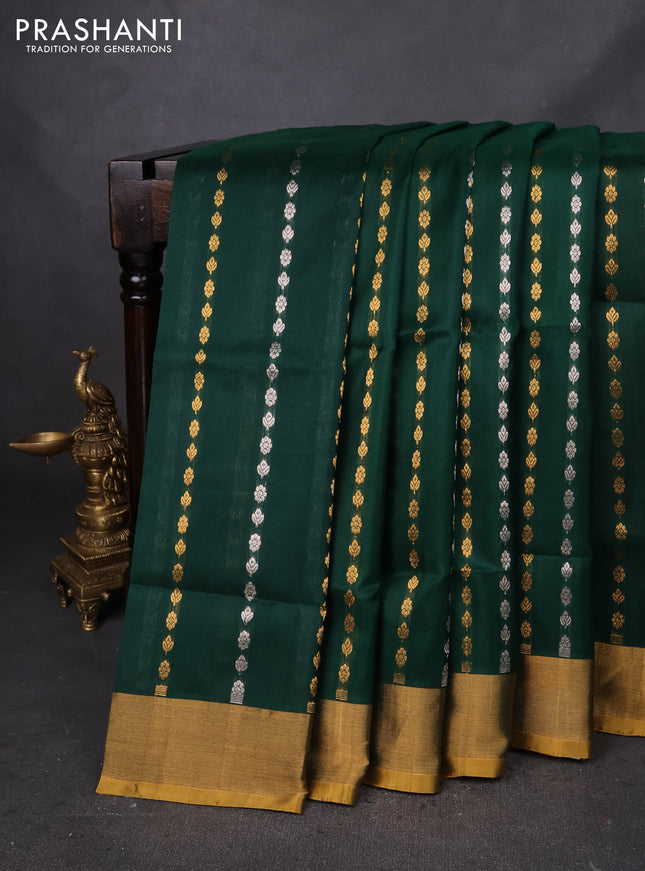 Pure uppada silk saree green and mustard yellow with silver & gold zari woven buttas and zari woven border