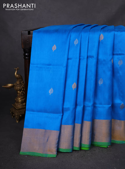 Pure uppada silk saree cs blue and green with silver & gold zari woven buttas and zari woven border
