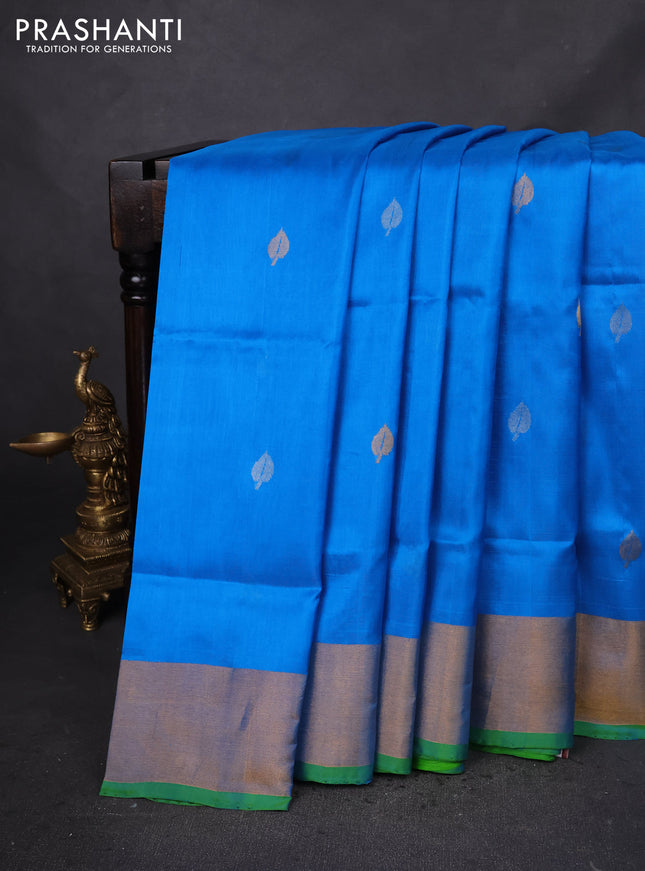 Pure uppada silk saree cs blue and green with silver & gold zari woven buttas and zari woven border