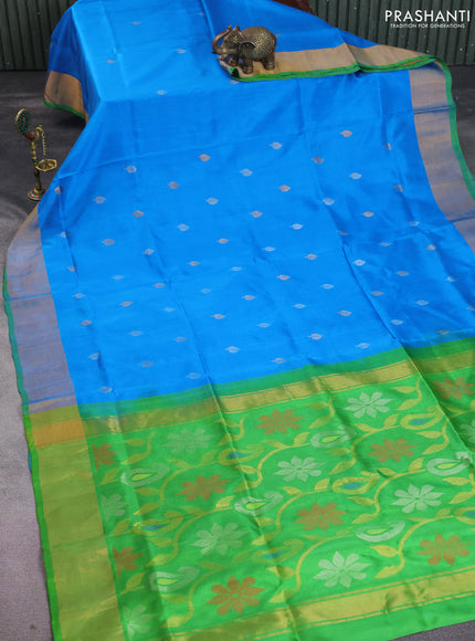 Pure uppada silk saree cs blue and green with silver & gold zari woven buttas and zari woven border