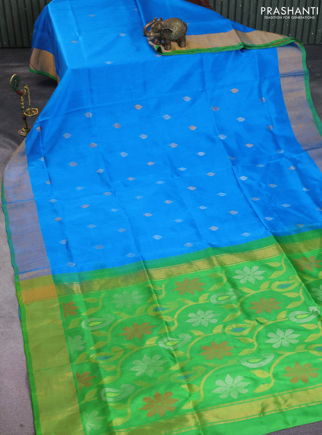 Pure uppada silk saree cs blue and green with silver & gold zari woven buttas and zari woven border