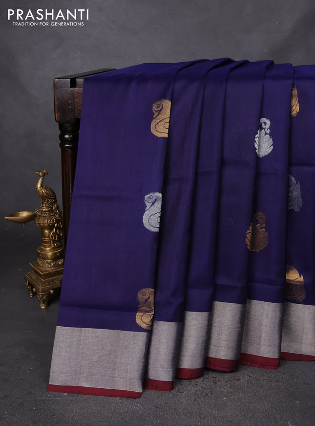 Pure uppada silk saree navy blue and maroon with silver & gold zari woven buttas and silver zari woven border