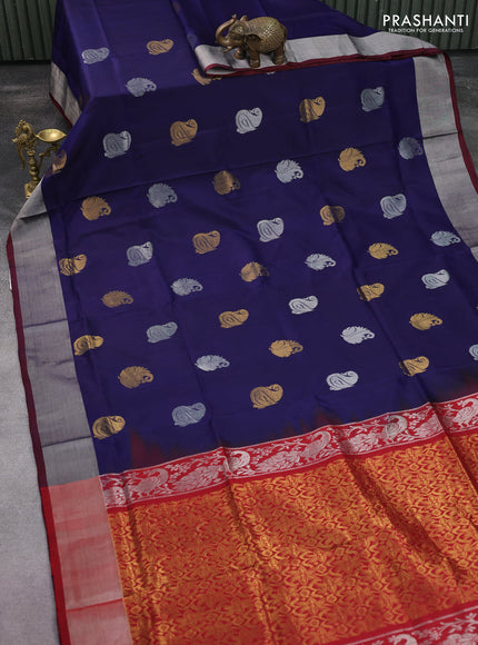 Pure uppada silk saree navy blue and maroon with silver & gold zari woven buttas and silver zari woven border