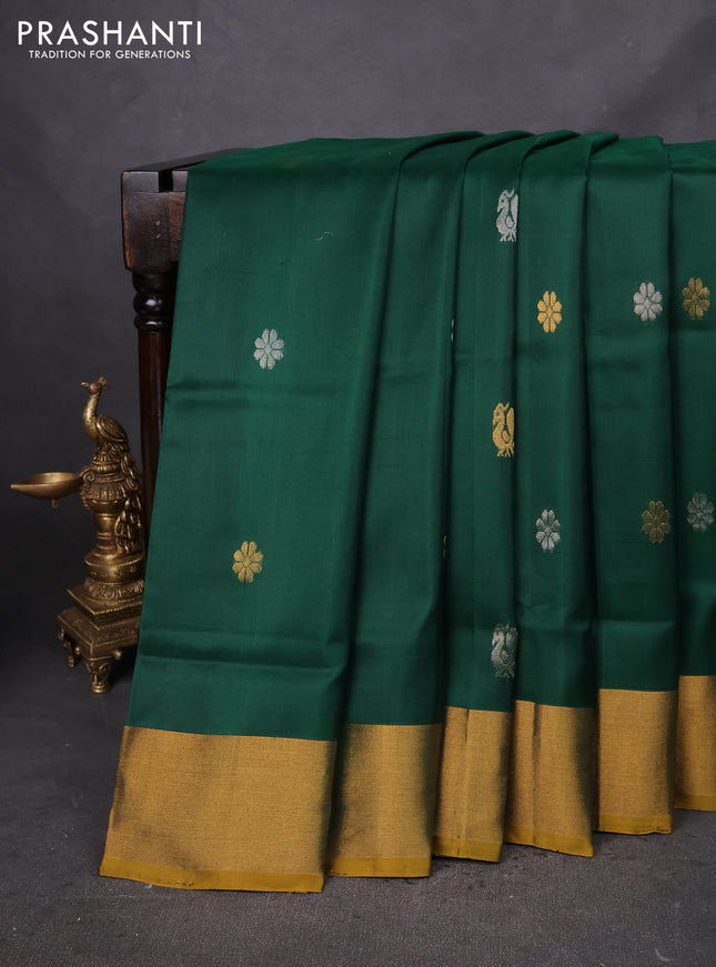 Pure uppada silk saree green and mustard yellow with silver & gold zari woven floral buttas and zari woven border