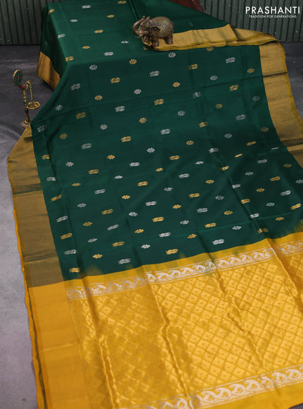 Pure uppada silk saree green and mustard yellow with silver & gold zari woven floral buttas and zari woven border