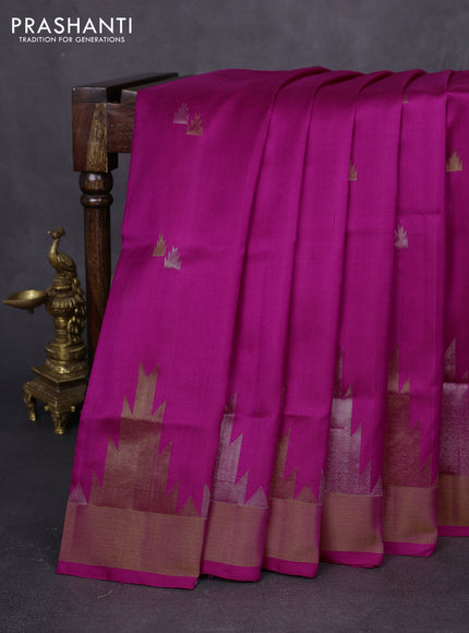 Pure uppada silk saree pink with silver & gold zari woven temple buttas and temple design zari woven border