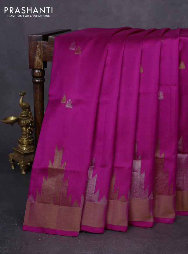 Pure uppada silk saree pink with silver & gold zari woven temple buttas and temple design zari woven border