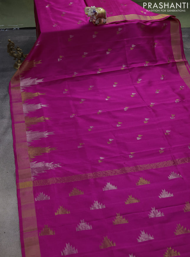 Pure uppada silk saree pink with silver & gold zari woven temple buttas and temple design zari woven border