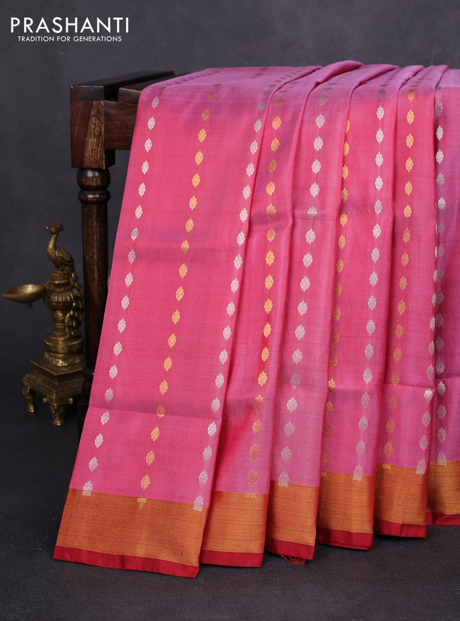 Pure uppada silk saree pink shade and maroon with allover silver & gold zari woven butta weaves and zari woven border