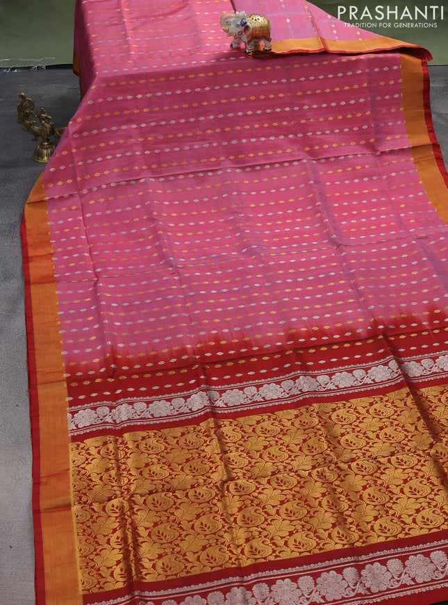 Pure uppada silk saree pink shade and maroon with allover silver & gold zari woven butta weaves and zari woven border