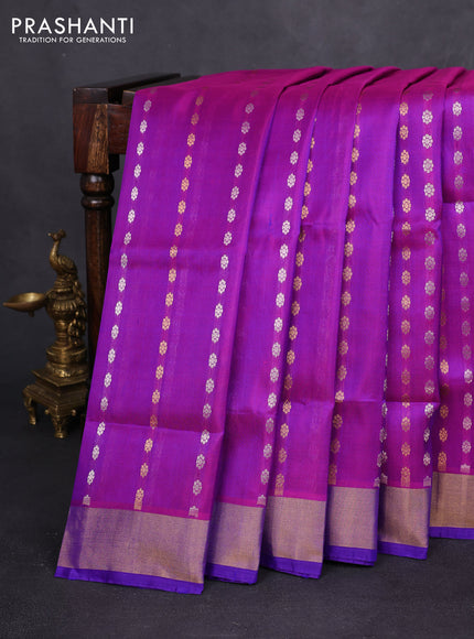 Pure uppada silk saree purple and blue with allover silver & gold zari woven butta weaves and zari woven border