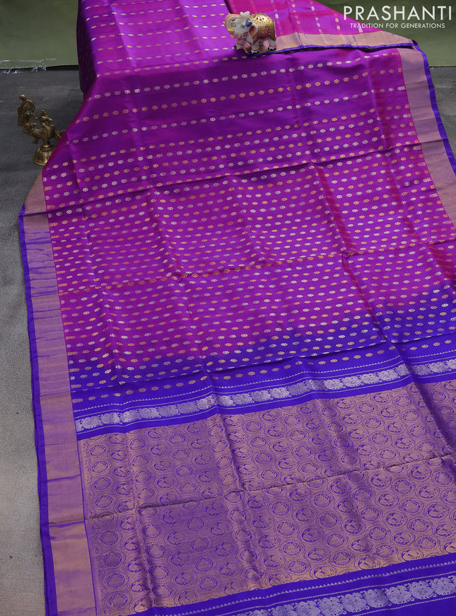 Pure uppada silk saree purple and blue with allover silver & gold zari woven butta weaves and zari woven border