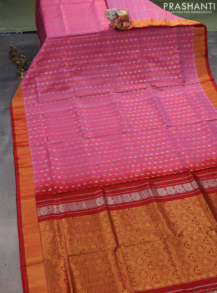 Pure uppada silk saree pink shade and maroon with allover silver & gold zari woven butta weaves and zari woven border
