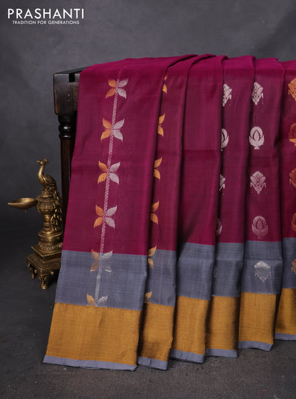 Pure uppada silk saree dark magenta pink and pastel grey with allover silver & gold zari weaves and zari woven border