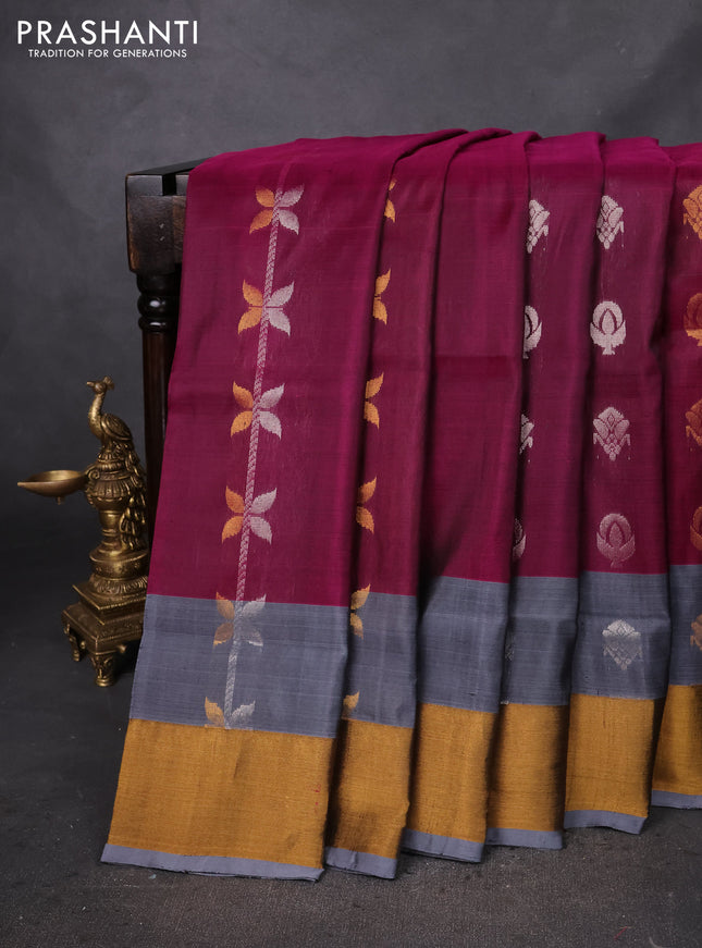 Pure uppada silk saree dark magenta pink and pastel grey with allover silver & gold zari weaves and zari woven border