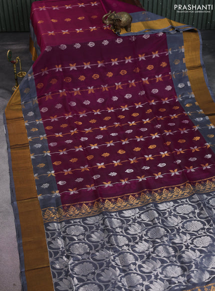 Pure uppada silk saree dark magenta pink and pastel grey with allover silver & gold zari weaves and zari woven border