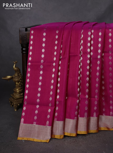 Pure uppada silk saree magenta pink and mustard yellow with allover silver zari woven butta weaves and silver zari woven border