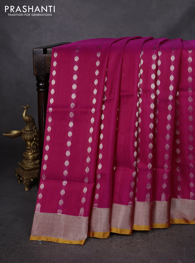 Pure uppada silk saree magenta pink and mustard yellow with allover silver zari woven butta weaves and silver zari woven border