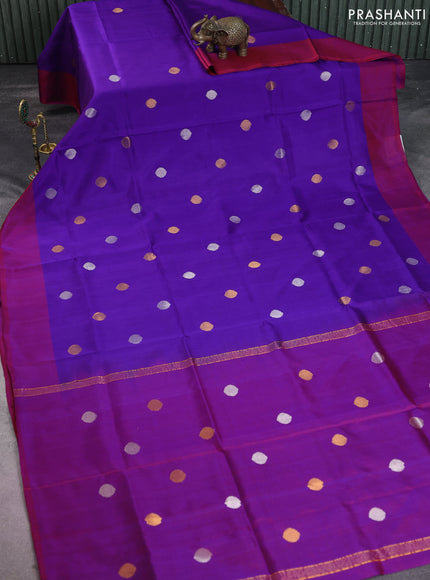 Pure uppada silk saree violet and maroon with silver & gold zari woven coin buttas and simple border