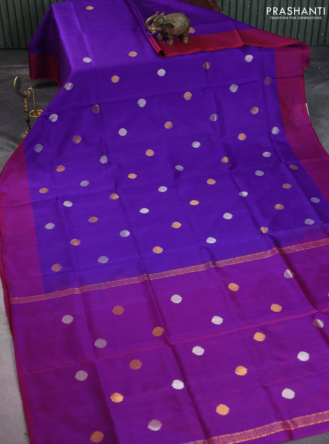 Pure uppada silk saree violet and maroon with silver & gold zari woven coin buttas and simple border