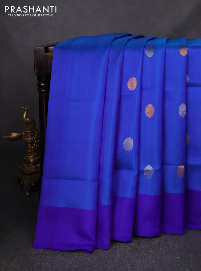 Pure uppada silk saree dual shade of blue and royal blue with silver & gold zari woven coin buttas and simple border