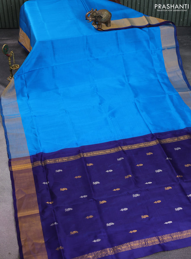 Pure uppada silk saree cs blue and dark blue with plain body and zari woven border