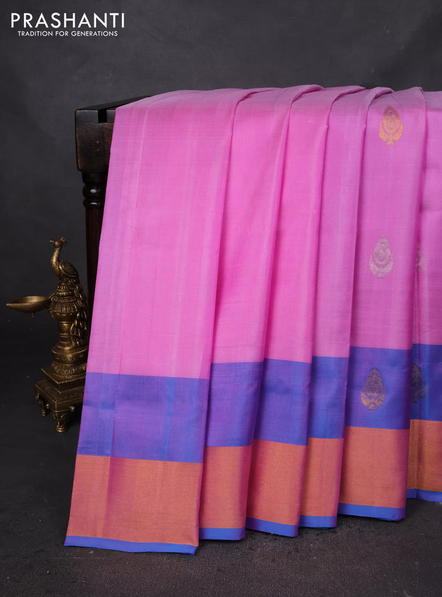 Pure uppada silk saree light pink and cs blue with silver & gold zari woven buttas and zari woven border