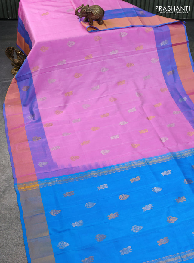 Pure uppada silk saree light pink and cs blue with silver & gold zari woven buttas and zari woven border