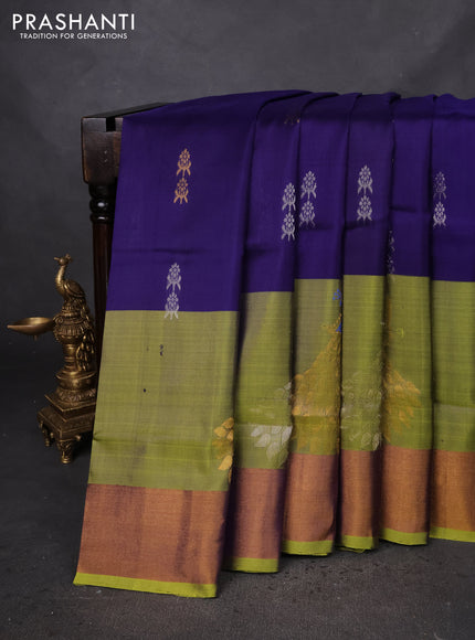 Pure uppada silk saree blue and mehendi green with silver & gold zari woven buttas and zari woven border