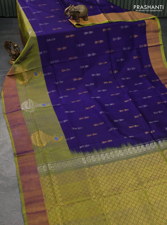 Pure uppada silk saree blue and mehendi green with silver & gold zari woven buttas and zari woven border
