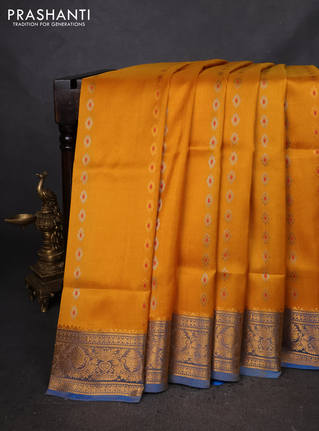 Pure uppada silk saree mustard yellow and cs blue with silver & gold zari woven buttas and zari woven border