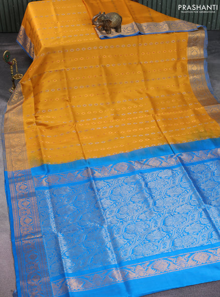 Pure uppada silk saree mustard yellow and cs blue with silver & gold zari woven buttas and zari woven border