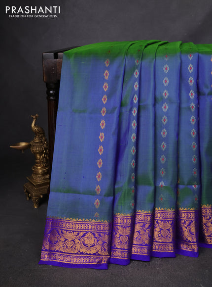 Pure uppada silk saree dual shade of bluish green and blue with silver & gold zari woven buttas and zari woven border