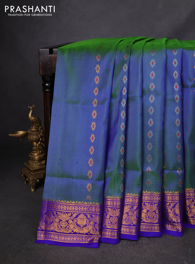 Pure uppada silk saree dual shade of bluish green and blue with silver & gold zari woven buttas and zari woven border