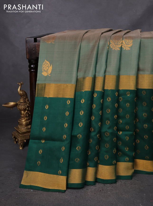 Pure uppada silk saree sap green and dark green with zari woven buttas and long zari woven butta border