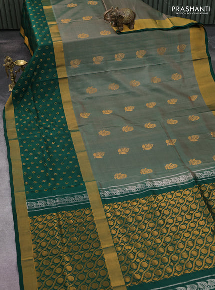 Pure uppada silk saree sap green and dark green with zari woven buttas and long zari woven butta border