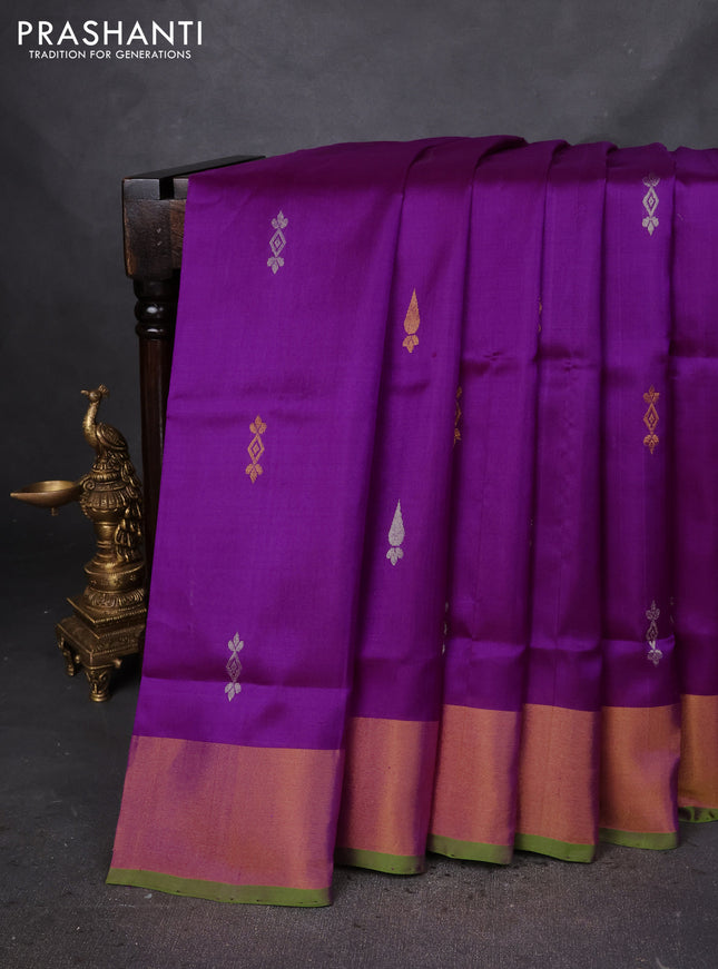 Pure uppada silk saree purple and light green with silver & gold zari woven buttas and zari woven border